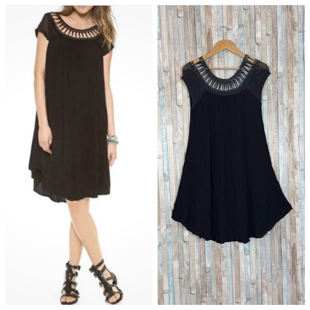 Free People XS Black Sundance Gauze Shift Dress Crochet Mesh Lace Cage Neck Boho